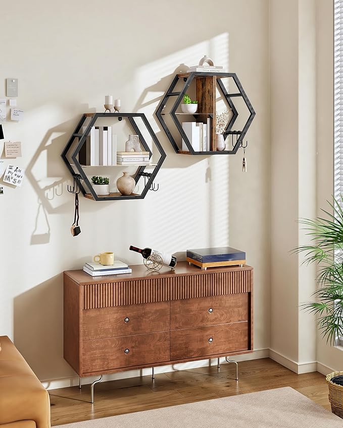 Hexagon Floating Shelves Set of 2, 18.9" Glass Hanging Shelves for Wall Decor, Wall Storage Rack and 12 S-Hooks, for Living Room, Bedroom, Office, Game Center, Rustic Brown TBJ08BF