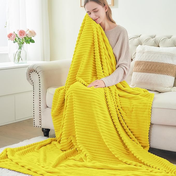 BEDELITE Fleece Throw Blanket for Couch – 3D Ribbed Jacquard Soft and Warm Decorative Fuzzy Blanket – Cozy, Fluffy, Plush Lightweight Yellow Throw Blankets for Bed, Sofa, 50x60 inches