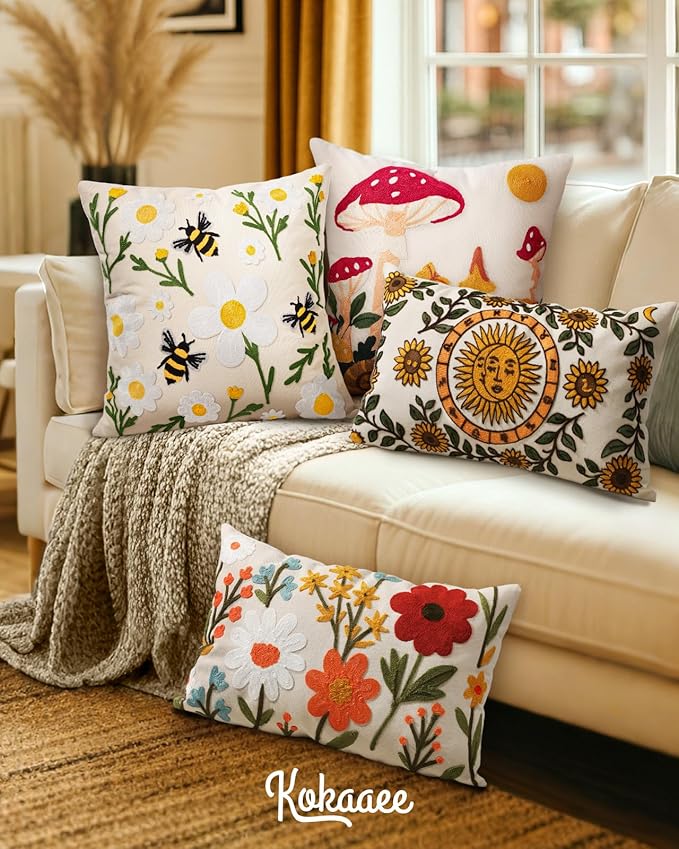 Embroidered Lumbar Pillow Cover 20x12 Inch - Spring Summer Boho Decorative Pillow Cover with Zipper for Living Room Couch Sofa Bed Aesthetic Design Sunflower Moon Cushion Pillowcase