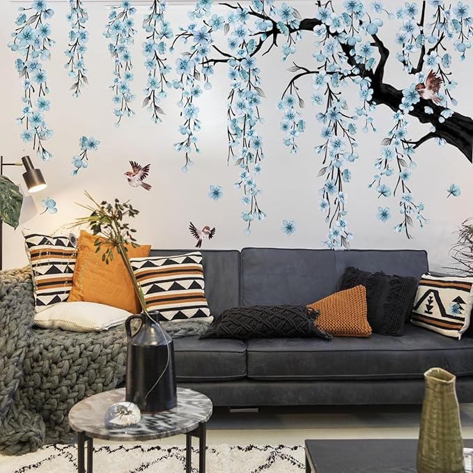 Large Cherry Blossom Tree Wall Stickers,4 Sheets Spring Blue Flower Bird Wall Decals Peel and Stick Waterproof Wall Murals Decor for Living Room Bedroom (Blue, 11.8 * 35.4inch)