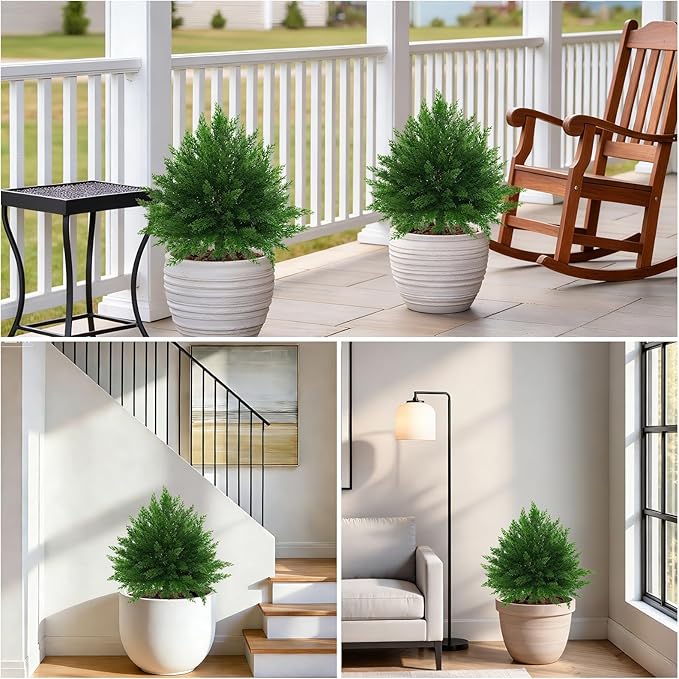 Artificial CedarTopiary Bushes for Outdoors with Spike, Set of 2 Cypress Topiary Trees with UV Resistant, Outdoors Fake Shrubs Faux Plants for Front Porch Indoor Outdoor Decor