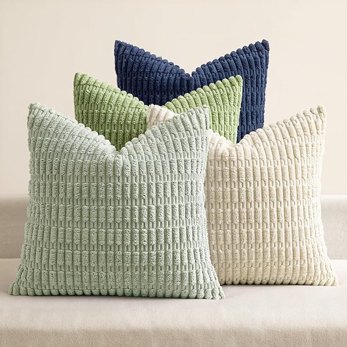 MIULEE Soft Corduroy Spring Throw Pillow Covers Set of 4 Green Blue 18x18 Inch Modern Farmhouse Boho Decorative Accent Cushion Covers for Couch Sofa Bedroom