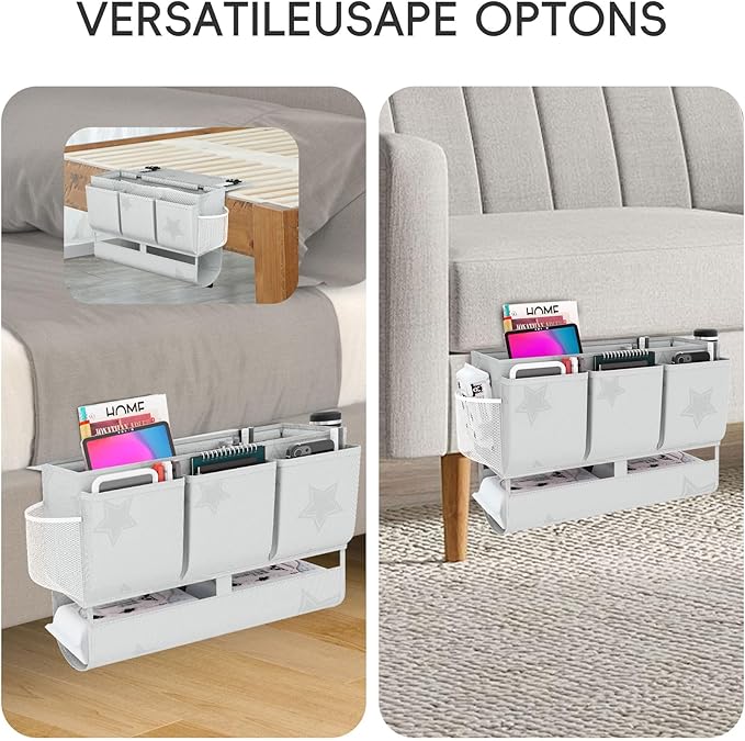 Bedside Caddy Bedside Organizer, Bed Storage Caddy with 7 Pockets, College Dorm Rooms Bag for Bunk, Home, Dorm, Hospital, Crib Bed (Grey)