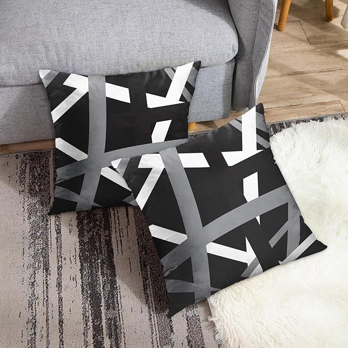 Emvency Set of 2 Throw Pillow Cover Gray Black Stripes Design Retro Decorative Pillow Case Striped Home Decor Square 18x18 Inch Cushion Pillowcase