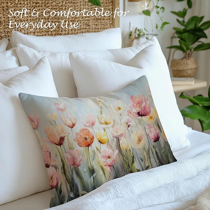 Spring Tulip Floral Lumbar Pillow Cover 12x20 Double-Sided, Cottagecore Room Home Decor, Farmhouse Easter Abstract Pink Flower Decorative Throw Pillow Cover for Living Room Home Bedroom