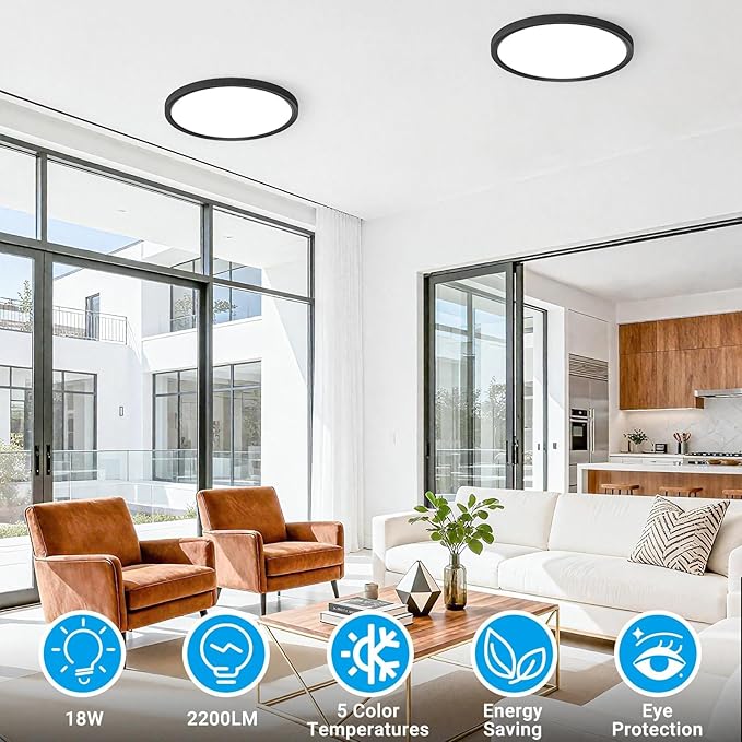 4 Pack LED Flush Mount Ceiling Light,9Inch 18W,3000K/3500K/4000K/5000K/6500K 5 Color Temperatures Ceiling Light Fixture for Kitchen Porch Hallway Bedroom Bathroom and Closet,Black