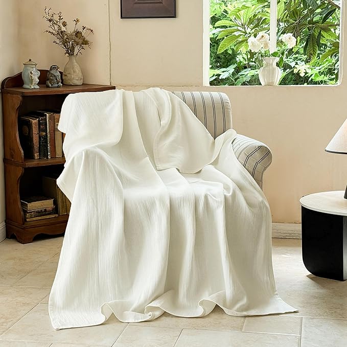 Simple&Opulence Linen Cotton Throw Blanket with Double Layered Folded Edge for Couch/Bed/Sofa/Gift, Natural Flax Solid Color Soft Breathable Cozy Farmhouse Home Décor - White, 50"x60"