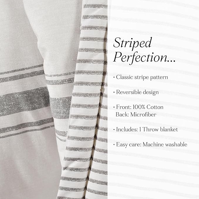 Lush Decor Farmhouse Stripe Reversible Throw, Single, 50" W x 60" L, Gray - Throw Blanket For Bed - Soft Blanket - Couch Throw - Rustic Farmhouse Decor