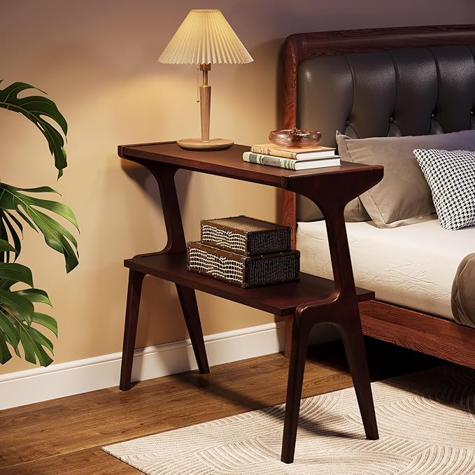 Tribesigns Solid Wood Side Table, 2-Tier Narrow Tall End Table with Storage Shelves, Slim Side Table for Couch, Long Bedside Table for Bedroom, Living Room, Burgundy