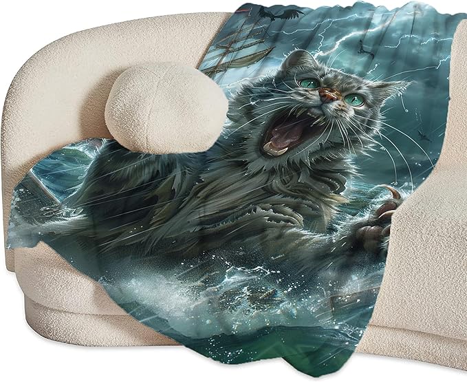 Funny Cat Blanket Nautical Boat Throw Blanket Ocean Gifts and Decor Cat Blanket for Girls Boys Women Men Kids Adults Soft Warm Cozy Fleece Blanket for Couch Sofa Bed 50"x40"