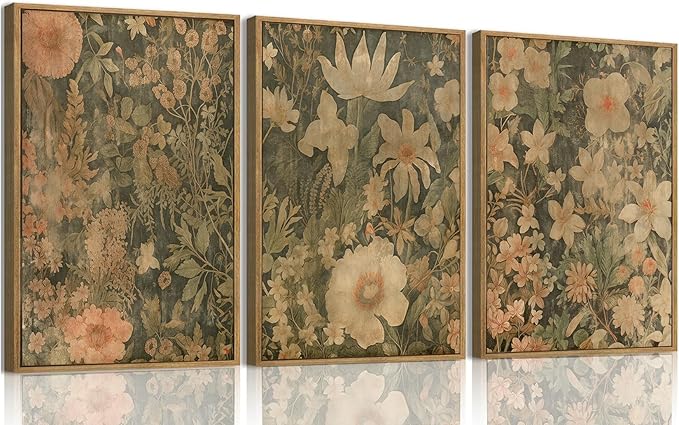 Wodkwq 3 Piece Vintage Floral Wall Art Framed,Neutral Wildflower Wall Art,Mid Century Modern Botanical Prints,Retro Plant Art,For Bedroom,Living Room,Office 16x24in