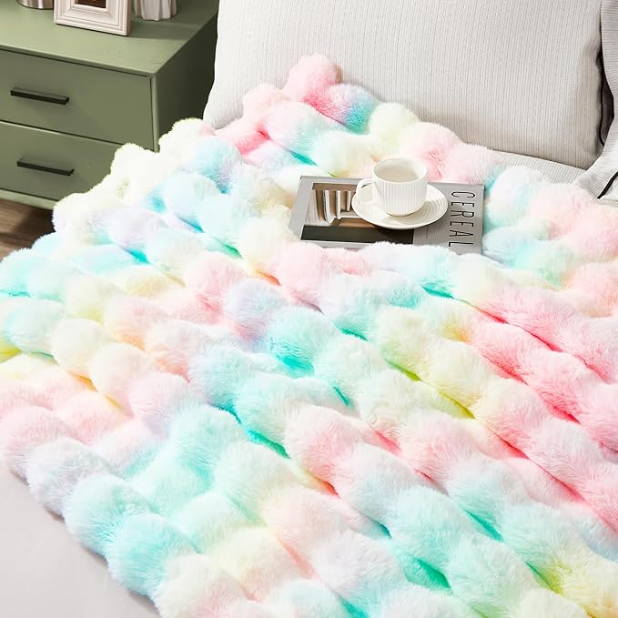 JONIYEAR Decorative Colorful Fluffy Bubble Faux Rabbit Fur Blanket Twin Size 60" x 70",Oversized Thick Warm Fuzzy Blanket for Winter,Luxe Pastel Cute Shaggy Cozy Furry Blankets for Women Girl, Rainbow