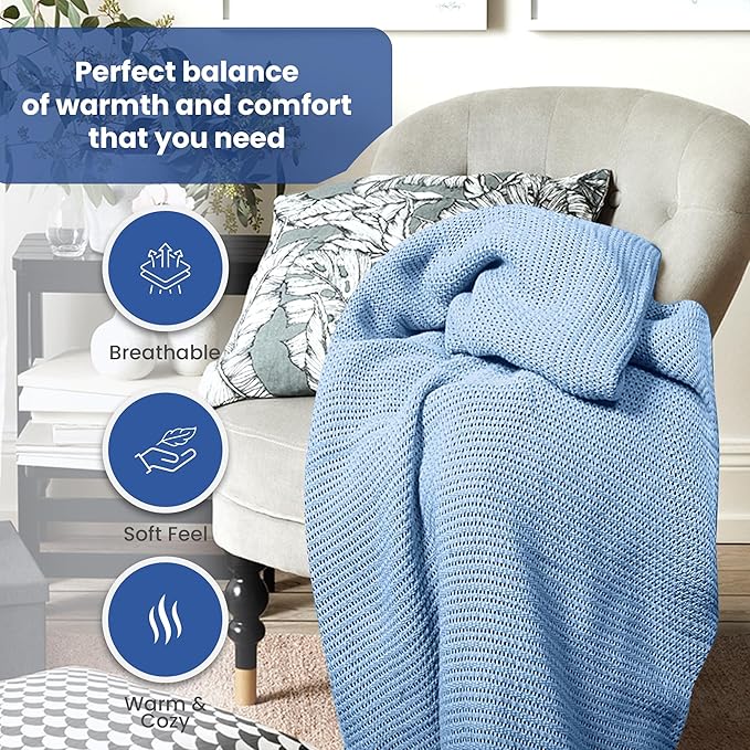 Linteum Textile Supply Leno Weave Blue Blanket, Queen 100% Cotton, Lightweight, Warm, Fluffy, Premium and Durable Soft & Cozy Bed Blanket for Home, Couch, Sofa & Dorm, All Season Throw [90x90]