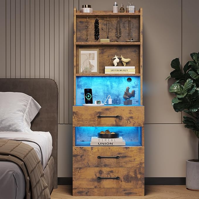 VIAGDO Tall Nightstand Set of 2 with Charging Station and LED Lights, Rustic Brown Night Stand Set 2 with Bookshelf, Modern LED Bedside Tables with 3 Drawers and Storage Shelves, Side Tables Bedroom