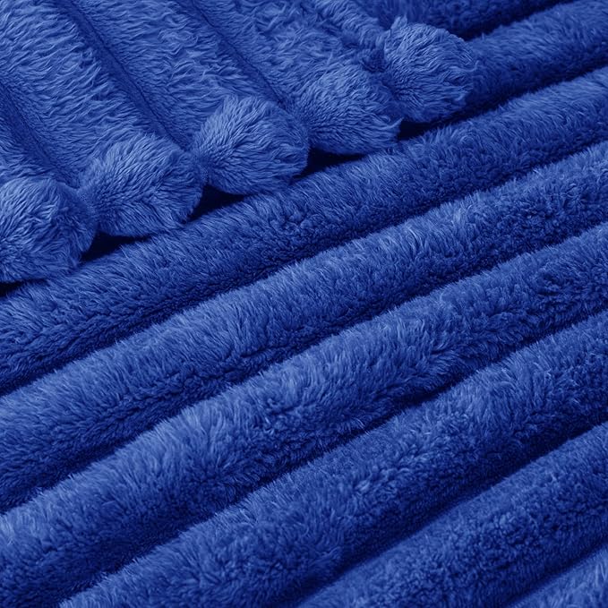 Exclusivo Mezcla King Size Flannel Fleece Blanket, Super Soft Striped Jacquard Bed Blanket, Lightweight Fuzzy Cozy for All Seasons, 90x104 Inches, Cobalt Blue
