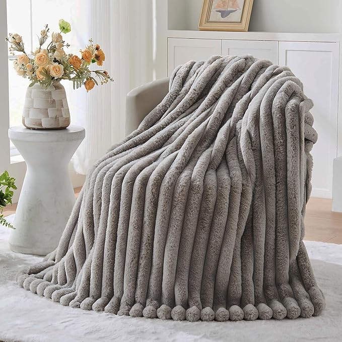Lotus Karen Faux Fur Throw Blanket - Stripe Faux Rabbit Fur Blanket for Couch, Cozy Soft Fluffy Fuzzy Blanket, Warm Thick Furry Plush Shaggy Small Blankets for Women, Light Gray,50x60 Inches