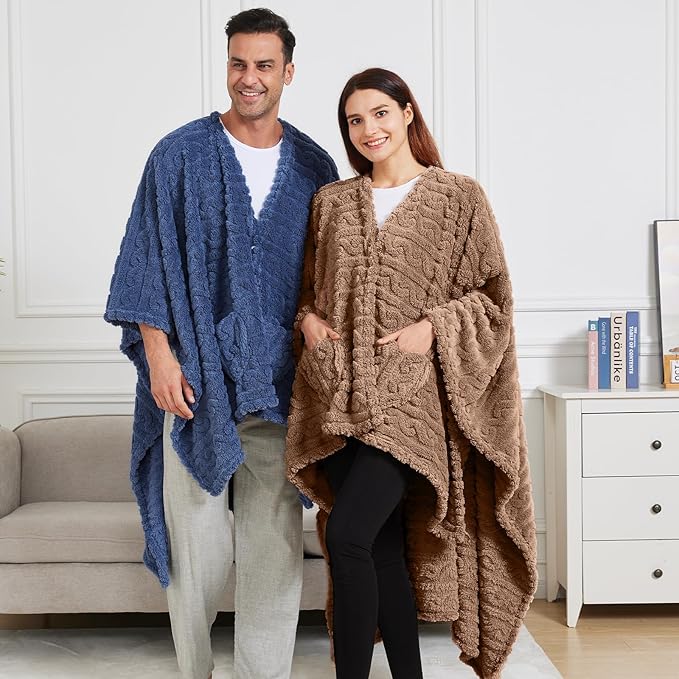 Wearable Blanket Sherpa Fleece Shawl Blanket with Pockets Blanket Poncho Cape for Adults, Cozy Shawl TV Throw Blankets