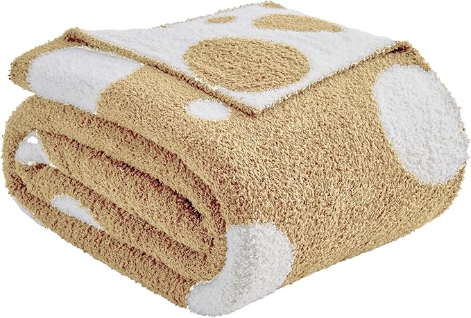 CozeCube Super Soft Fullfy Microfiber Reversible Knitted Blankets, Warm Cozy Fuzzy Plush Throw, Beige and White Polka Dot Throw Blanket for Couch Bed Sofa, 60" x 80"