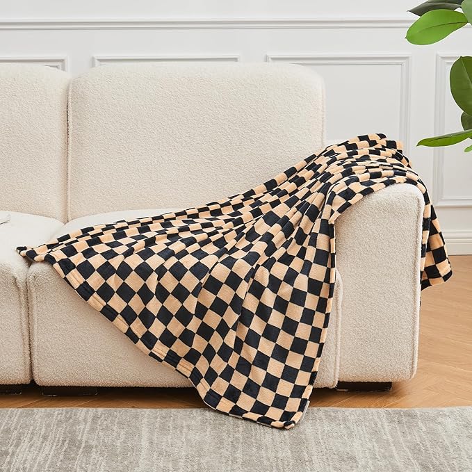 FY FIBER HOUSE Checkered Flannel Fleece Throw Blanket Soft Cozy Checkerboard Grid Print Chessboard Gingham Pattern Blankets for Bed Couch Sofa, 40"x50", Black Brown