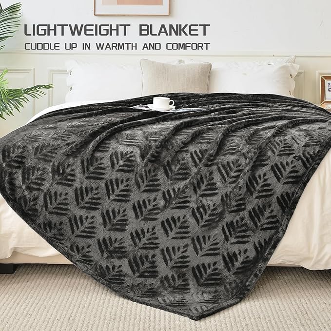 Exclusivo Mezcla Queen Size Fleece Blanket for Bed, Super Soft and Cozy Blankets All Season Use, Leaves Pattern, Plush Fuzzy Lightweight, Dark Grey, 90x90 Inch