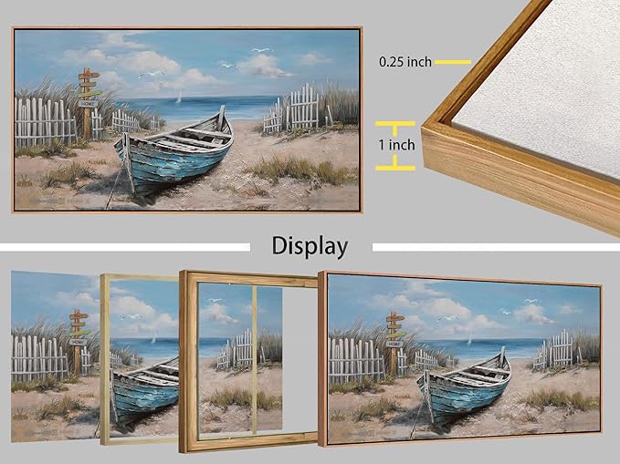 Ardemy Boat Canvas Wall Art Extra Large Framed Coastal Beach Bedroom Pictures Wall Decor Living Room Seascape Paintings Wall Decor Textured Artwork for Kitchen Dining Room Home Office, 58"x29"