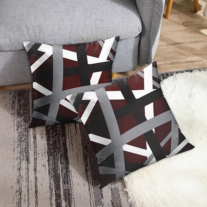 Emvency Set of 2 Throw Pillow Cover Burgundy Red Black Stripes Grey White Design Retro Decorative Pillow Case Striped Home Decor Square 18x18 Inch Cushion Pillowcase