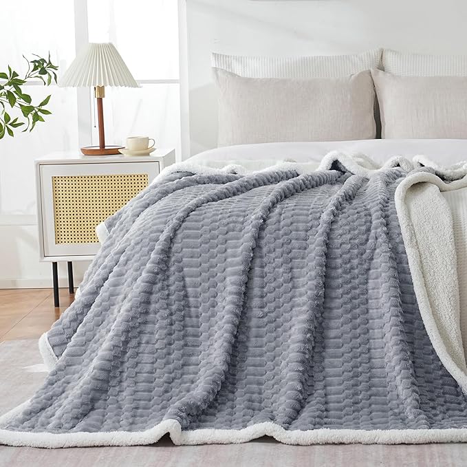 Sherpa Throw Blanket for Couch Flannel Cozy Soft Thick Blanket Warm Twin Blanket for Bed Fleece Home Decor Gifts, Z01 - Grey Blue, 60"*80"