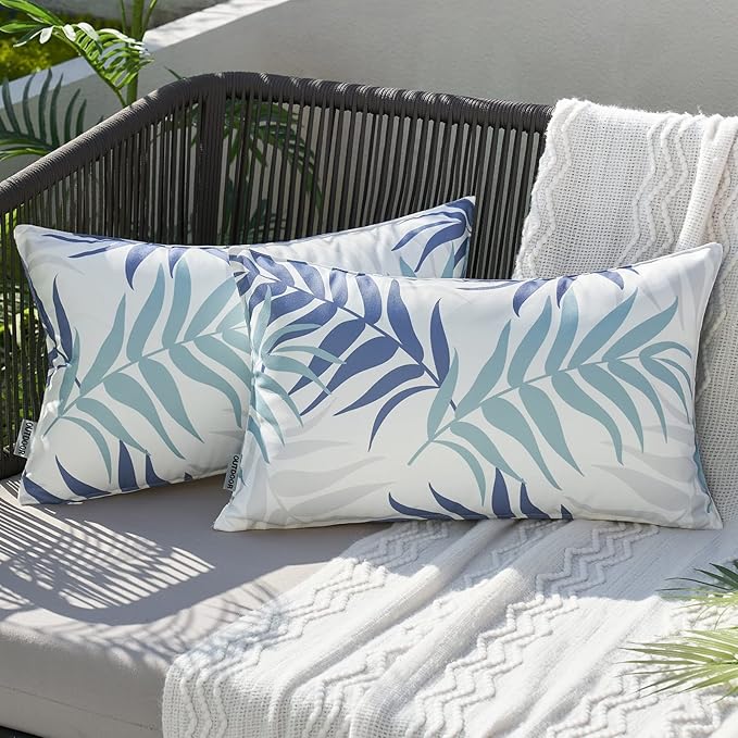 MIULEE Pack of 2 Decorative Outdoor Waterproof Throw Pillow Covers Patio Pillow Cases Natural Leaves Pattern Spring Square Cushion Shams Shell for Garden Balcony Couch 12x20 Inch, Blue