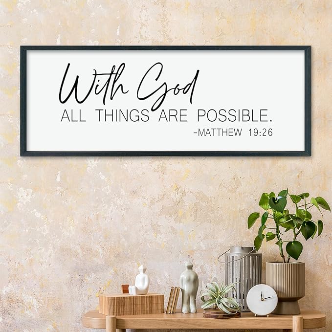 LuZhiQiang Christian With God All Things Are Possible Wall Decor 40"×15" Religious Home Bible Verse Sign Inspirational Print for Living Room Large Wood Framed Catholic Wall Art Hanging (Black)