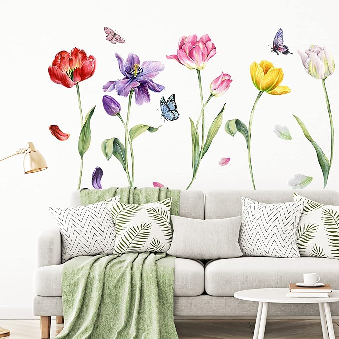 Zonon 6 Pcs Flowers Wall Decals Stickers Vinyl Removable Peel and Stick Colorful Dragonflies Floral Wall Murals Decor for Bedroom Living Room Nursery(Tulip)