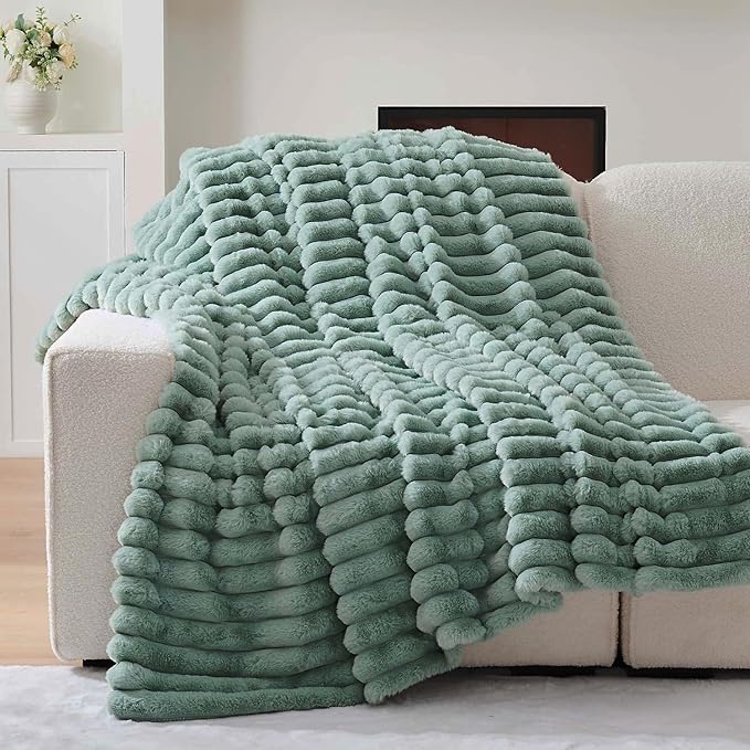 Lotus Karen Faux Fur Twin Blanket for Couch, Cozy Soft Fluffy Fuzzy Sage Green Blanket, Striped Warm Thick Furry Plush Shaggy Small Blankets for Women, 60x80 Inches