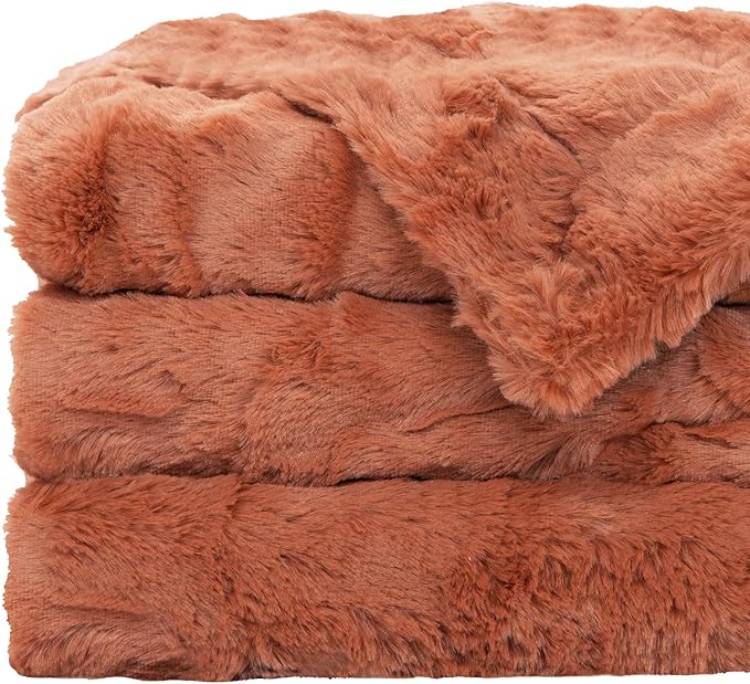 TOONOW Faux Fur Luxury Throw Blanket,Double Side Soft Fluffy Shaggy Fuzzy Blanket for Couch Sofa Bed (Carnelian, Throw)