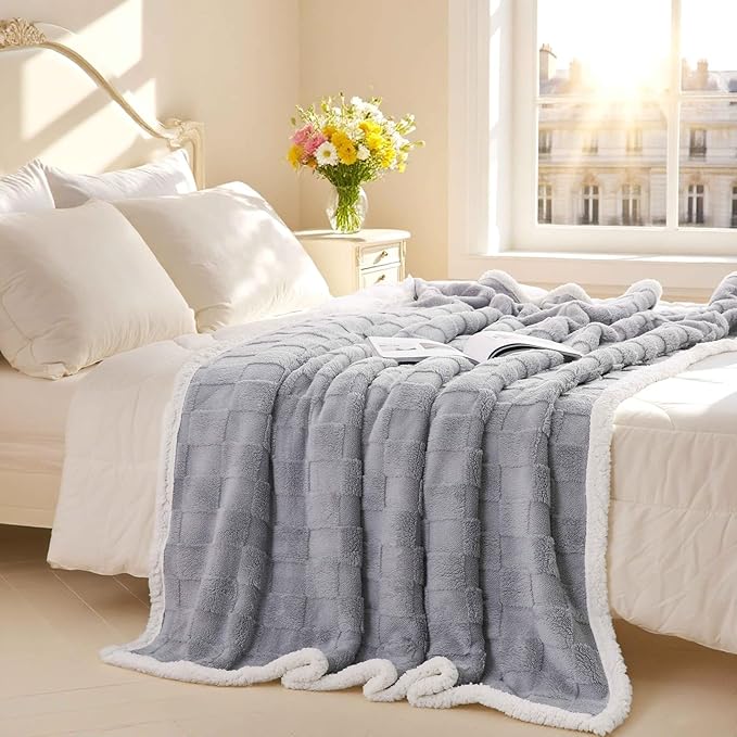 Sherpa Throw Blanket for Couch, Flannel Cozy Soft Thick Blanket for Bed - Fleece, Light Gray, 80x90 Inches