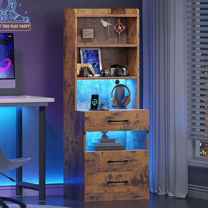 VIAGDO Tall Nightstand Set of 2 with Charging Station and LED Lights, Rustic Brown Night Stand Set 2 with Bookshelf, Modern LED Bedside Tables with 3 Drawers and Storage Shelves, Side Tables Bedroom