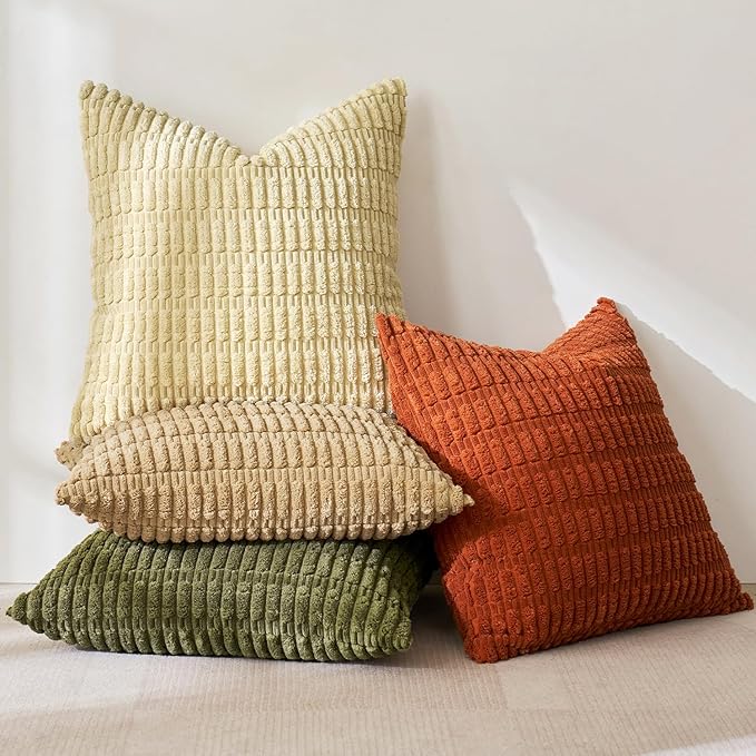 MIULEE Pack of 4 Spring Boho Farmhouse Corduroy Decorative Throw Pillow Covers 18x18 Inch for Sofa Living Room Couch Bed Modern Retro Soft Striped Pillow Covers Home Decor Brown Green