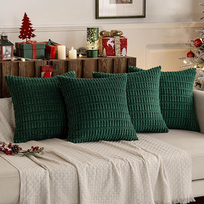 MIULEE Pack of 4 Christmas Dark Green Corduroy Decorative Throw Pillow Covers 20x20 Inch Soft Boho Striped Pillow Covers Modern Farmhouse Home Decor for Sofa Living Room Couch Bed