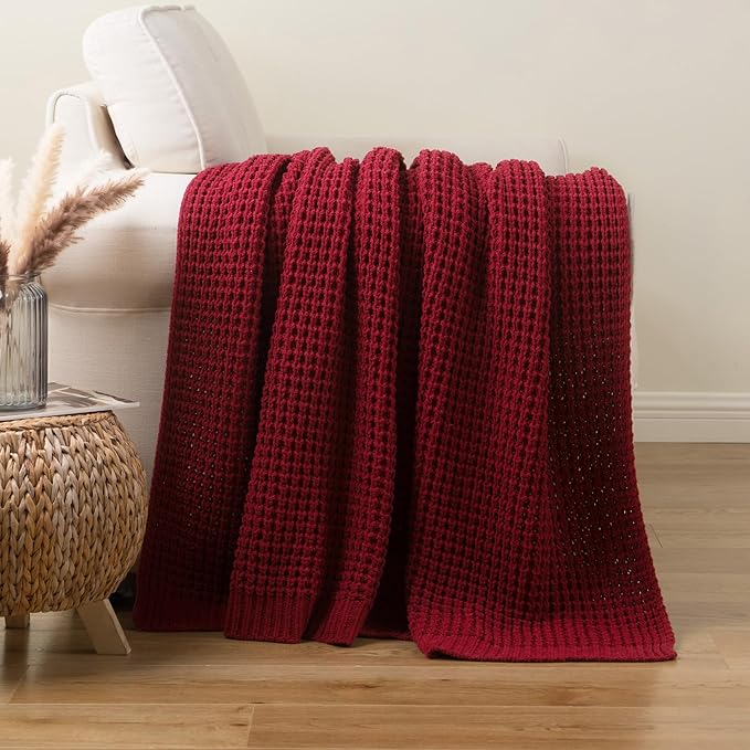 Bunnikins & Clover Christmas Throw Blanket for Couch, Knitted Waffle Throw Blanket, Red Blanket Throw for Women Mothers Birthday Gifts, 60"x80"