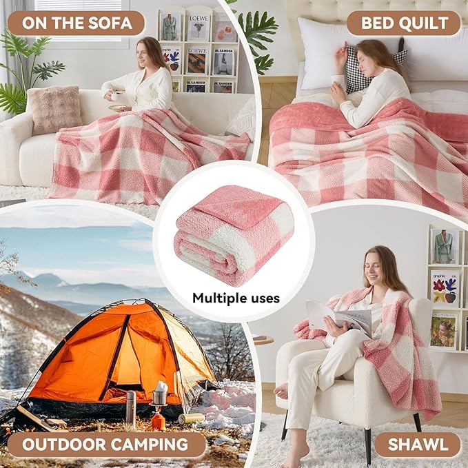 LURKA Checkered Sherpa Fleece Throw Blanket – Soft and Cozy, Medium Weight for All Season, Plush Throw for Couch, Bed, Dorm & Pets, Powder Pink, 60x80 Inches