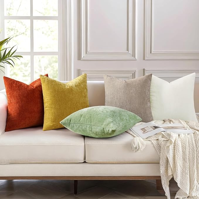 decorUhome Chenille Cream White Throw Pillow Covers 20x20 Inch Set of 2, Decorative Soft Couch Pillow Covers Solid Dyed Accent Farmhouse Neutral Square Pillow Cases for Sofa