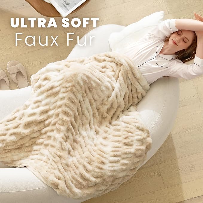 Ultra Soft Faux Rabbit Fur Throw Blanket, Cozy Fuzzy Blanket for Couch Bed, Plush Warm Decor Gifts, Luxury Thick Fluffy Blanket for Women & Men,50x60 inches, Tie-Dyed in Khaki