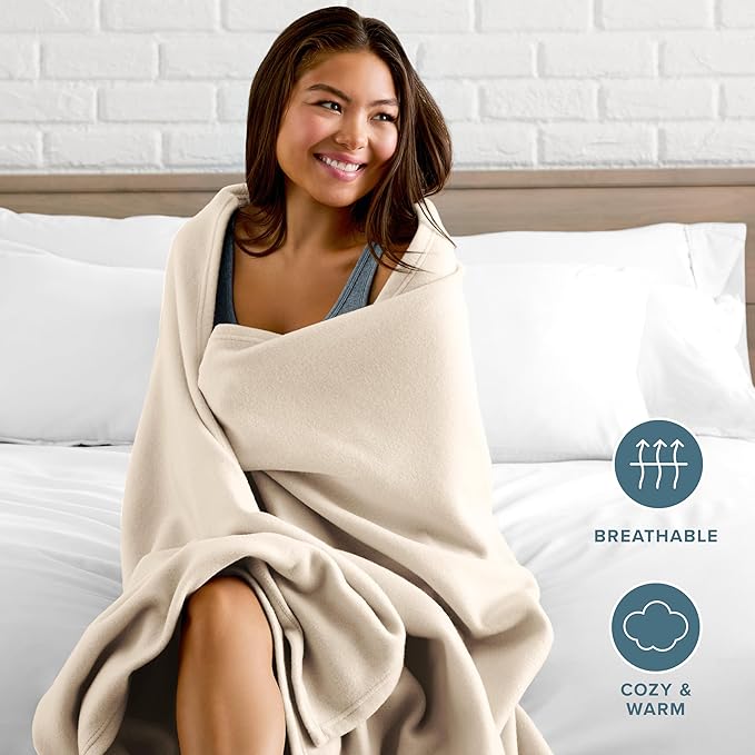 Bare Home Polar Fleece Blanket - Throw - Sand - Warm & Cozy - Premium Fleece for Bed, Sofa, Camping, Travel and Cold Nights - Lightweight Blanket (Throw, Sand)
