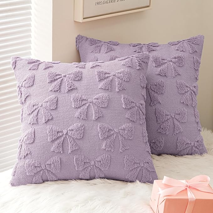 MIULEE Light Purple Bow Pillow Covers Coquette Room Decor Aesthetic Set of 2 Spring Decorative Cute Girl Soft Plush Faux Pillowcase for Preppy Room Bedroom Couch,20x20 Inch
