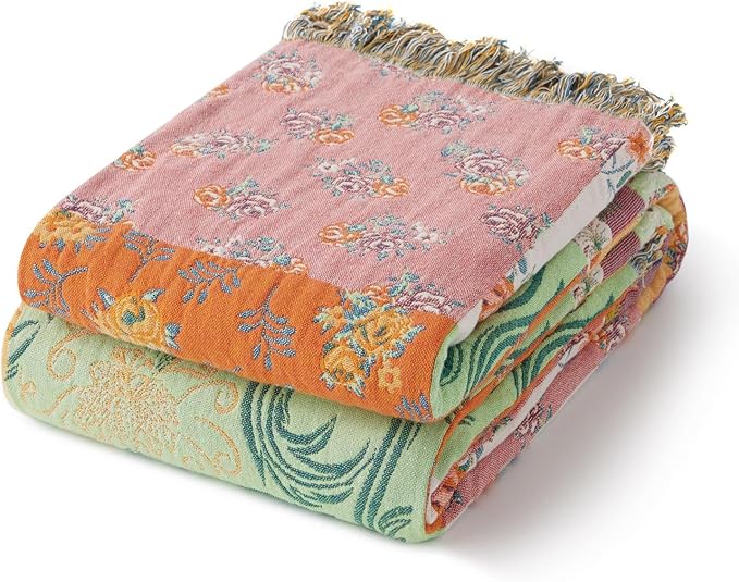 100% Cotton Boho Throw Blanket for Home Decor – Classic Farmhouse Quilt Bedding, Muslin Blankets for Adults, Vintage Woven Decorative Blanket for Couch, Bed Layering Use, Patchwork, 50"x60"
