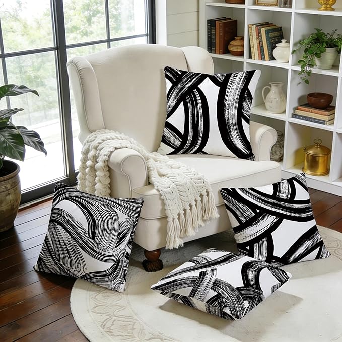 Black and White Abstract Striped Throw Pillow Covers 18x18 Set of 4, Modern Art Boho Lines Decorative Square Pillow Cases for Farmhouse Living Room Sofa Bed Couch, Spring Easter Minimalist Home Decor