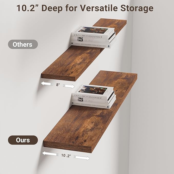 Vivelove 10 Inch Deep Floating Shelves 36 inch Long, 36 x 10 Wide Wall Shelves with Invisible Brackets, for Bedroom Bathroom Living Room Kitchen Office, Farmhouse Home Decor, Set of 2, Rustic Brown