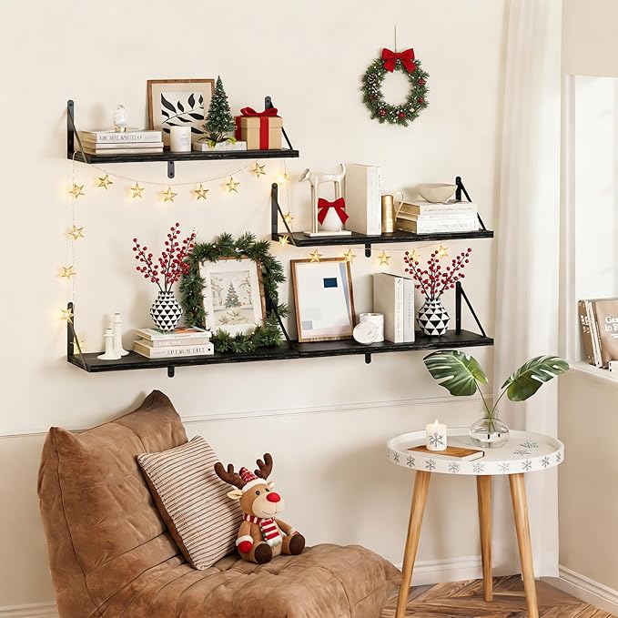 Heimlove Black Deep Floating Shelves for Wall, 24W x 8D Wood Wall Shelves Set of 2, Wide Floating Bookshelf for Living Room, Kitchen, Office, Bedroom and Decor Storage, with Metal Bracket - Black