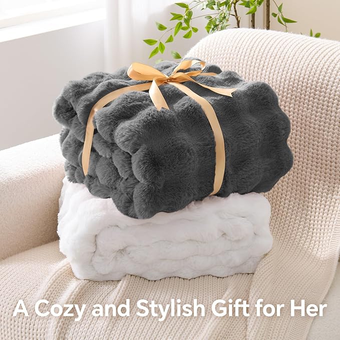 BEDELITE Faux Fur Throw Blanket, Soft Cozy Plush Dark Grey Bubble Blanket for Couch Sofa Bedroom Living Room Decor - 870GSM Thick Warm Fuzzy Fluffy Faux Rabbit Fur Blanket, 60x80 Inches