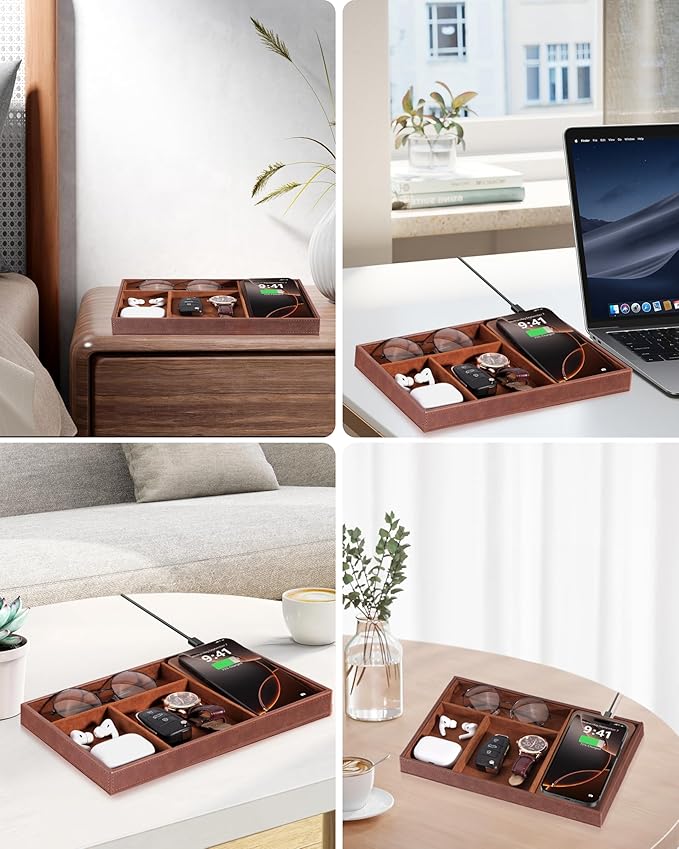 Valet Tray with Wireless Charger, Nightstand Organizer for Men, EDC Catchall Tray for Keys, Watch, Wallet, Jewellery, Premium Vegan Leather, Bedside Caddy, Stylish and Organized, Brown