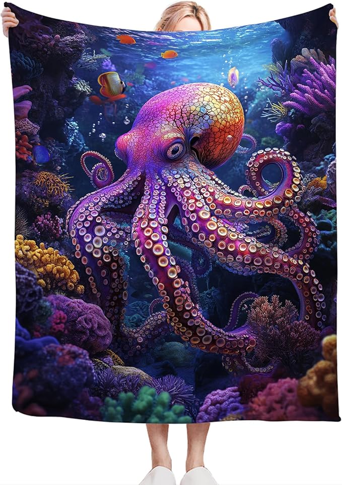 Octopus Blanket Ocean Octopus Throw Blankets Decor Stuff Cozy Flannel Fleece Soft Plush Fuzzy Warm Lightweight Bedding Gifts for Women Girls Kids 60"X50"
