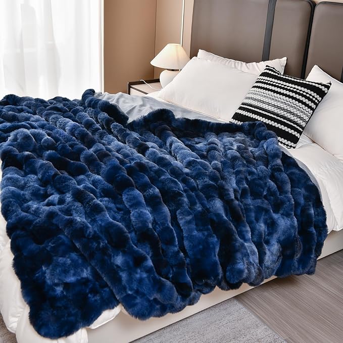 H&D Faux Fur Throw Blanket for Couch,Fluffy Cozy Soft Plush Luxury Thick Fuzzy Fleece Blanket for Couch Bed Sofa Bedroom Living Room,Comfy Bubble Blanket